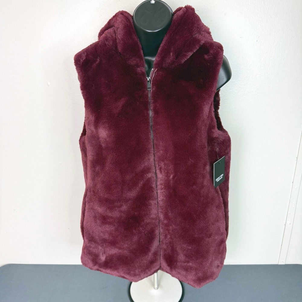 Simply Vera Vera Wang Vest Womens XS Port Royale Faux Fur Hooded  Burgundy